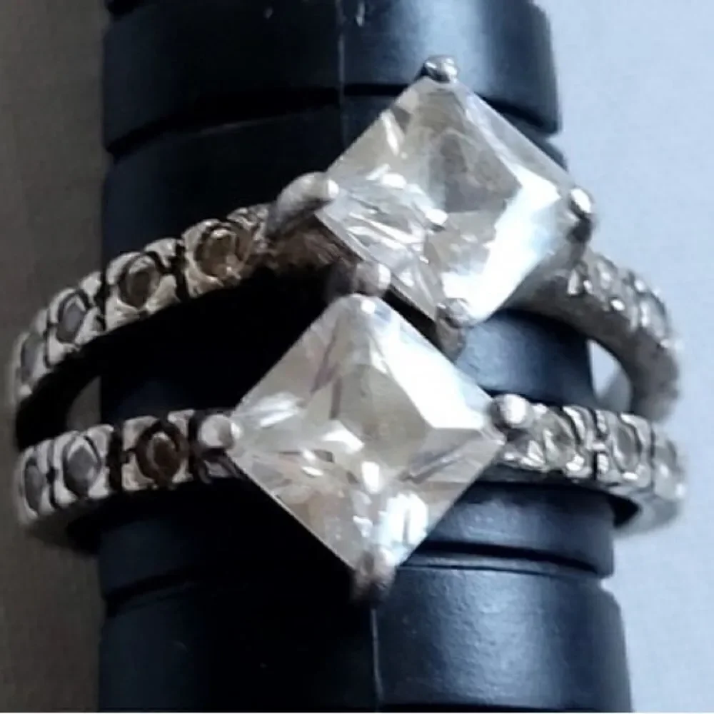 Vintage Sterling Silver Double Stone CZ Ring with CZ Studded Shank. Size 6.5.